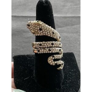 Vintage Gold tone crystal rhinestone green eye snake statement ring size 8